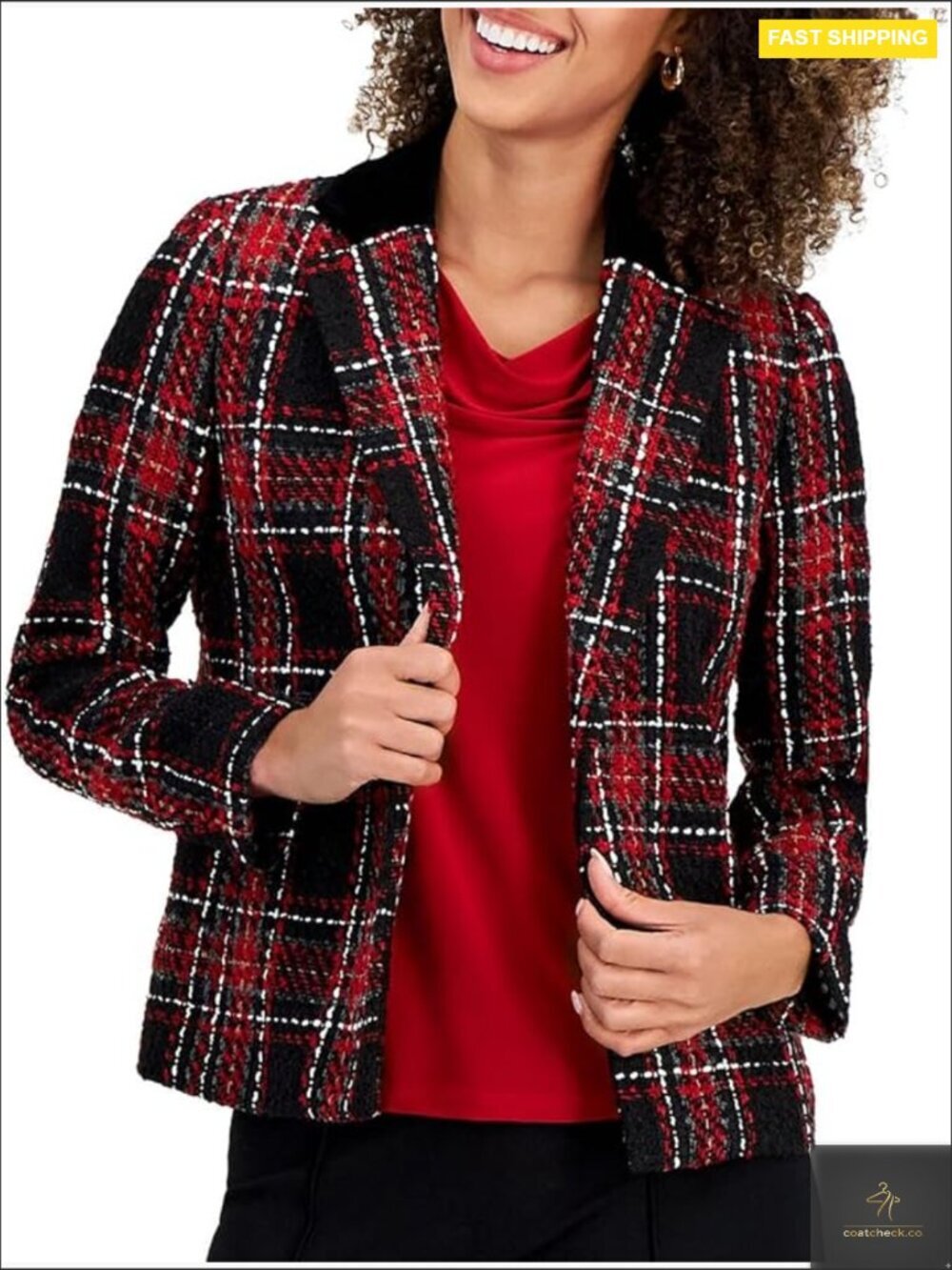 Notch Collar Open Front Blazer Long Sleeve Plaid Slim Fit Suit Jacket